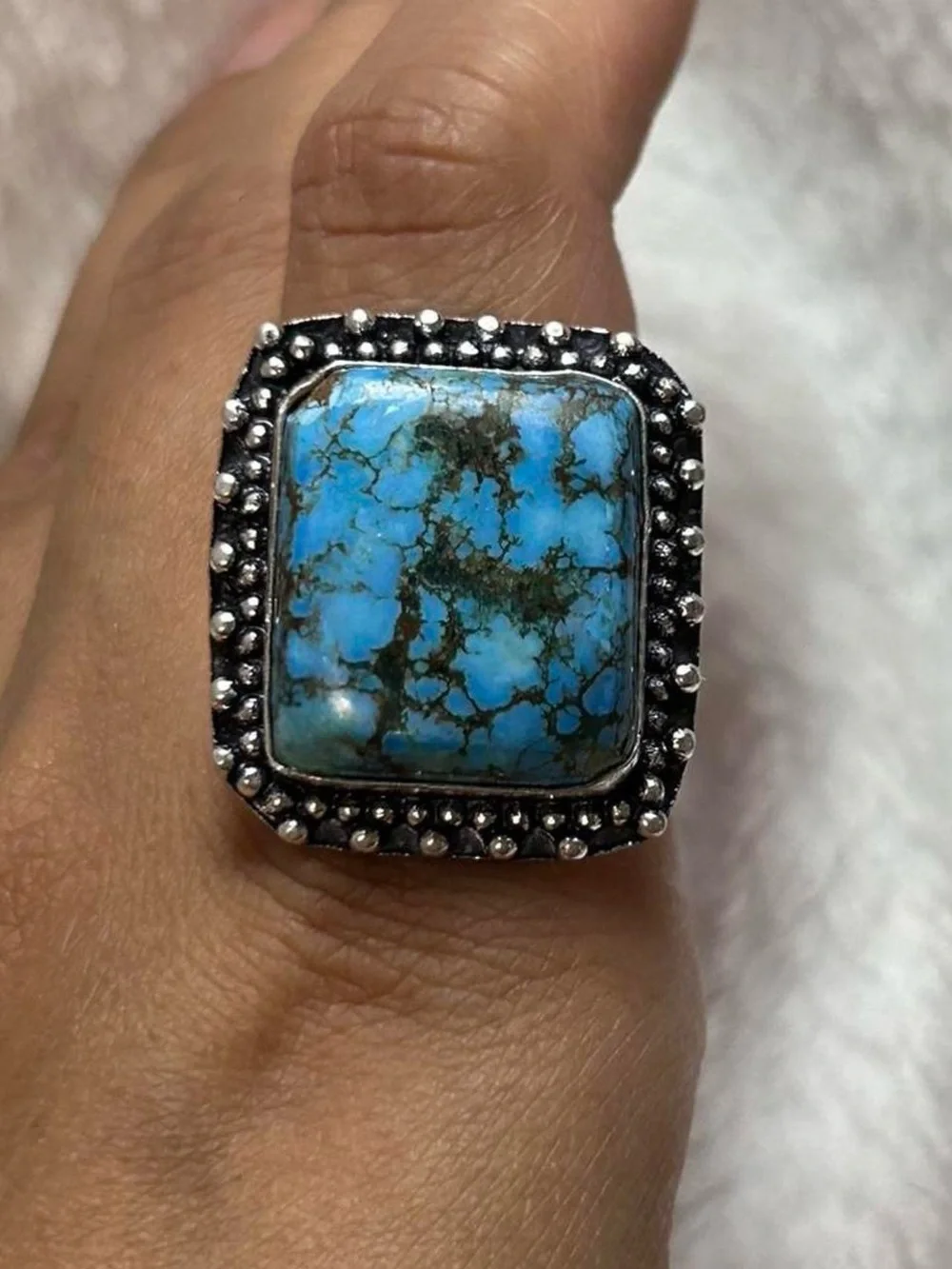 Turquoise Statement Ring with 925 Silver Beaded Halo